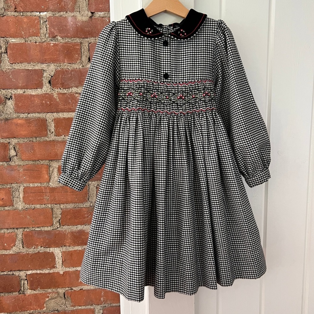 Vintage 90s Christie Brooks Girls Plaid Smocked Holiday Dress Velvet Collar 5-6